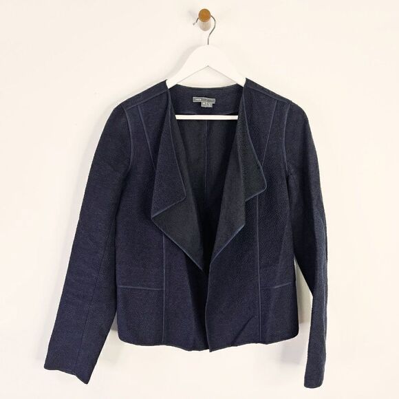 Vince Navy Blue Textured Waterfall Open Front Blazer - Picture 2 of 6